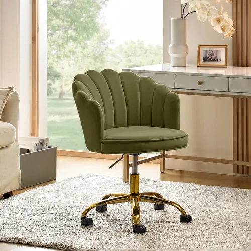 Miniatura 9 de HULALA HOME Silla de oficina en casa de terciopelo con base dorada, silla de escritorio tapizada moderna y linda de concha para mujer para tocador
