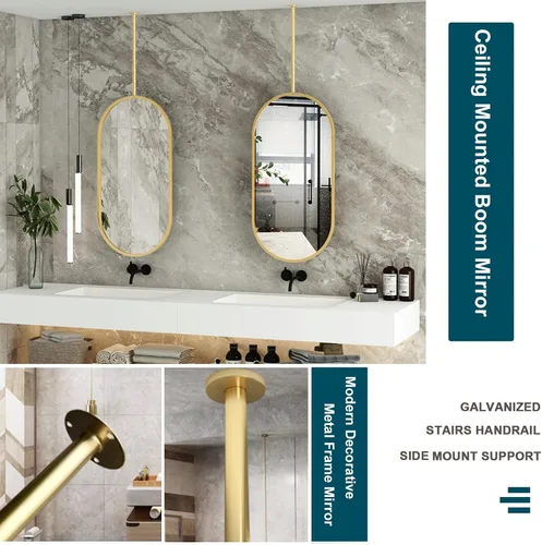 Miniatura 3 de Espejos de baño para tocador, espejo dorado montado en el techo con marco de metal y barra para colgar en el techo, espejo de pared decorativo