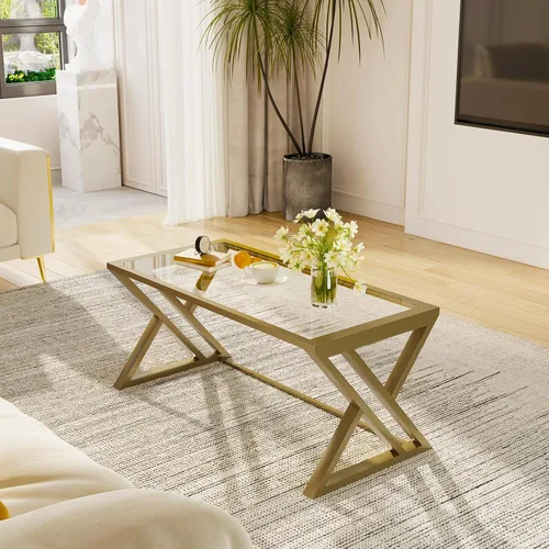 Miniatura 5 de Wolawu Mesa de Centro de Cristal Dorado Mesa de Centro de Cristal para Sala de Estar, Mesa Central Rectangular Moderna con Marco de Metal dorado
