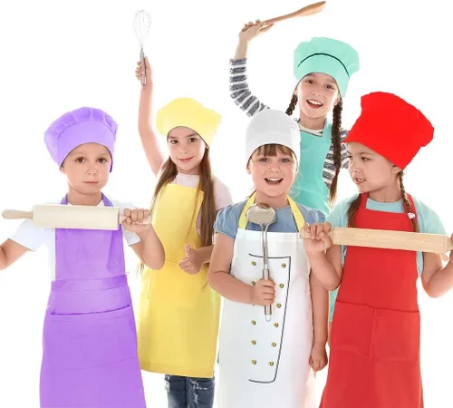Miniatura 6 de Toal - Juego de 8 delantales y sombrero de chef, delantales de cocina para niños, coloridos delantales ajustables con 2 bolsillos para niñas, niños