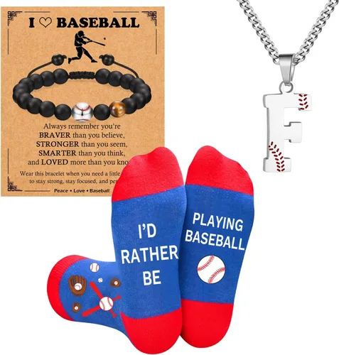 Miniatura 14 de Juego de regalos de béisbol, collar de fútbol con letras A-Z para hombres, calcetines de béisbol y pulseras de béisbol para amantes del béisbol