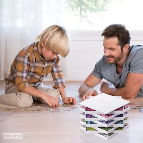 Miniatura 6 de Tidyboss 8 bandejas de clasificación de rompecabezas con tapa de 8 x 8 pulgadas, accesorios portátiles para rompecabezas con fondo blanco que hacen