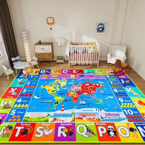 Alfombra Infantil con Mapa Mundial ABC para Sala de Juegos Geografía 59"×39.4" Alfombra de Juego para Aula Alfombra Educativa para Bebé Alfombra del