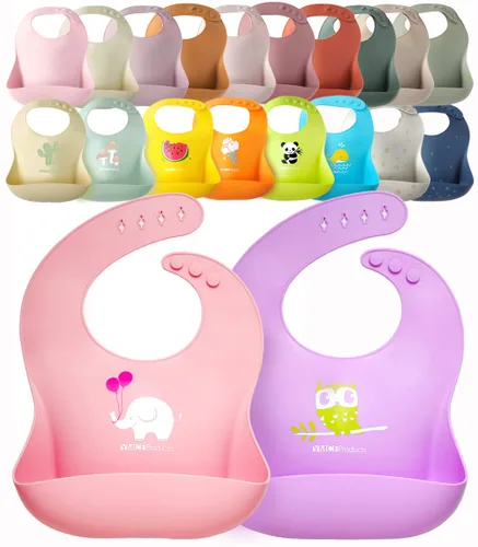 Paquete de 2 baberos de silicona impermeables para bebé, ligeros, cómodos, fáciles de limpiar (rosa claro/morado, pequeño)