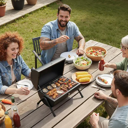 Miniatura 7 de VINGLI Parrilla de carbón portátil de doble cara, mango de madera, bolsa de almacenamiento, multifuncional de metal compacto de mesa para barbacoa