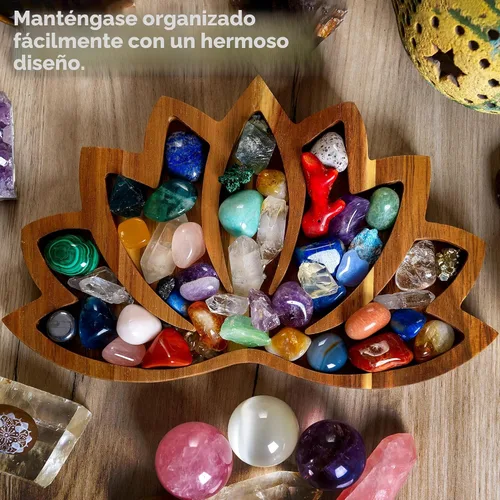 Miniatura 3 de Bandeja de Exhibición de Cristal Lotus – Muestra Tus Gemas, Piedras Curativas y Tesoros – Cuenco de Madera para Rocas de 11"x7", Soporte de Cristal