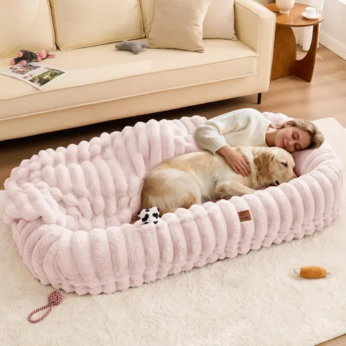 Miniatura 12 de ChiXnuggle Cama humana para perros adultos – Cama gigante de piel sintética rayada de lujo para perros con asa portátil, almohadilla de espuma