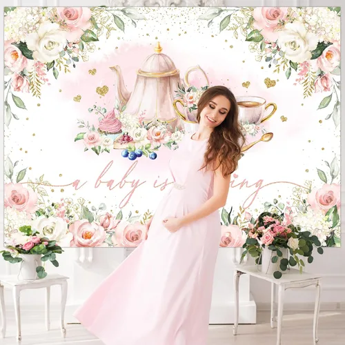 Miniatura 5 de Avezano Fondo de fiesta de té con texto en inglés "A Baby is Brewing", decoración de fiesta de té para niñas, decoración de fiesta de baby shower