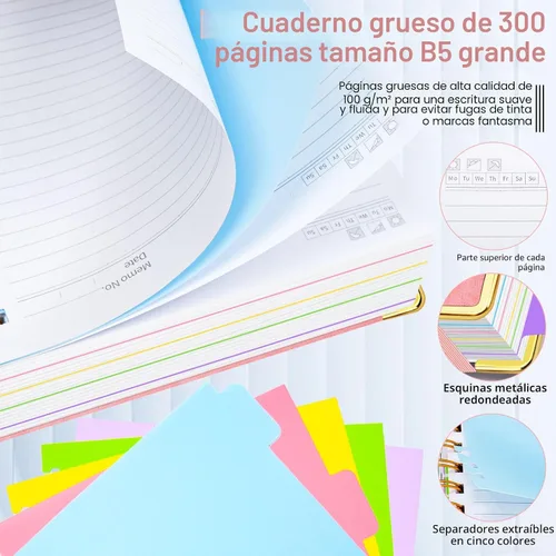 Miniatura 4 de Cuaderno de espiral con tapa dura, de 8 x 10 pulgadas, separadores y divisores extraíbles, 300 páginas, 5 asignaturas, a rayas, de piel sintética