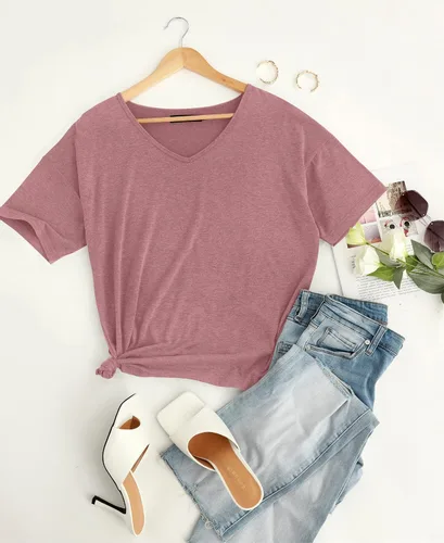 Miniatura 4 de MIROL Camisetas de media manga para mujer, cuello en V, de gran tamaño, sueltas, casuales, básicas, de color liso