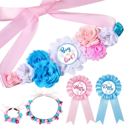 Riceshoot Conjunto de fajín y ramillete de flores de maternidad para niño o niña, decoraciones de revelación de género, para mamá, para ser papá,