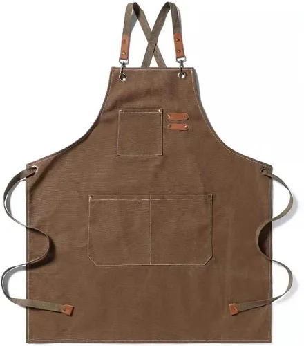 Adjustable Canvas Apron with 3 Pockets for Men Women,Cross Back Work Apron,Durable Kitchen Apron for Cooking Caqui