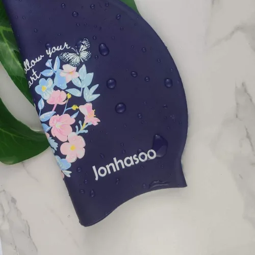 Miniatura 7 de Gorro de natación para mujer, gorra de natación de silicona para cabello largo con estampado de flores Azul marino