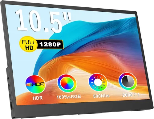 Topmonitor Monitor portátil pequeño de 10.5 pulgadas, 500 liendres 2000:1, pantalla FHD 1280P IPS, mini monitor ultradelgado con soporte y altavoz