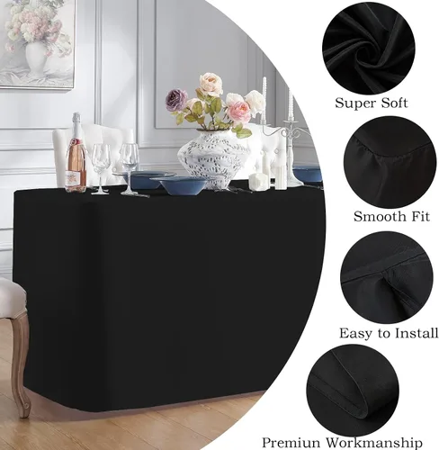 Miniatura 3 de BLACK-4FT Mantel ajustado cubiertas de mesa para mesas rectangulares de 4 pies - Resistente al agua, lavable, tela de poliéster, manteles