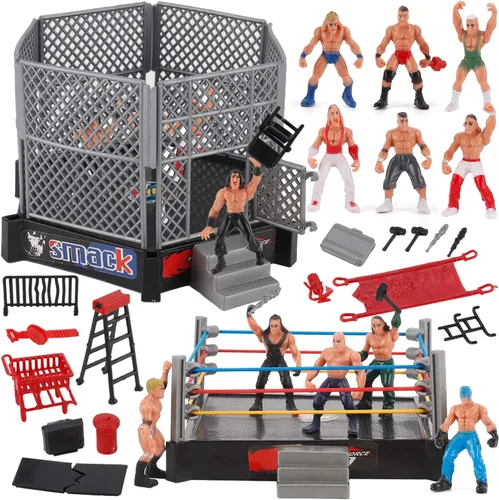 Liberty Imports Los mejores juguetes de lucha libre en miniatura de 32 piezas para niños, figuras de luchador con 2 anillos y accesorios realistas