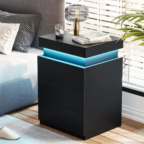 Miniatura 4 de ADORNEVE Mesita de noche con estación de carga y luces LED, mesa auxiliar con parte superior deslizante, mesa de noche con cajones, mesa lateral