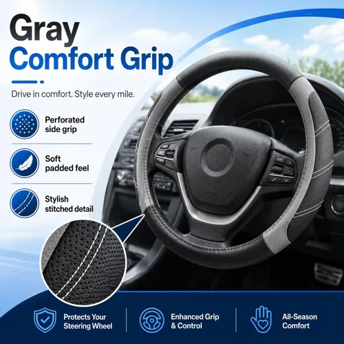 Miniatura 2 de Elantrip Funda de volante de cuero deportivo 14 1/2 pulgadas a 15 pulgadas universal, acolchada, de agarre suave y transpirable para coche, camión