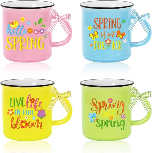 Whaline 4 mini tazas de café de primavera con cinta a cuadros, diseño de flores de dibujos animados, mariposa, mini taza para beber, bandeja
