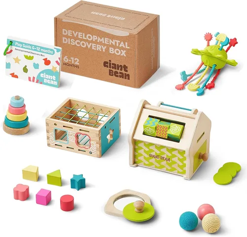 Miniatura 9 de Giant bean Juguetes Montessori para bebé, 6 en 1, juguetes de aprendizaje de educación temprana de madera con dentición sensorial, caja