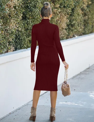 Miniatura 3 de MEROKEETY Vestido de manga larga acanalado para mujer con cuello alto y ajuste entallado
