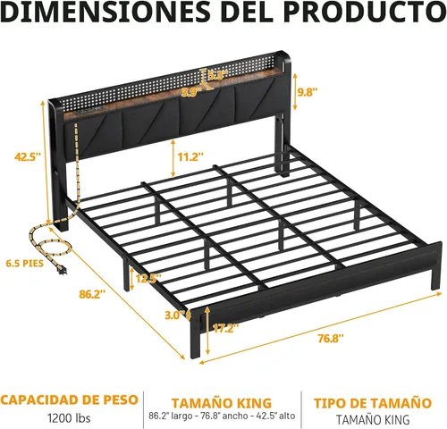 Miniatura 2 de Furnulem Marco de Cama King con Cabecero y Luz LED, Plataforma Tapizada con Toma de Corriente y Puerto USB, Cama Tamaño King con Soporte de Metal