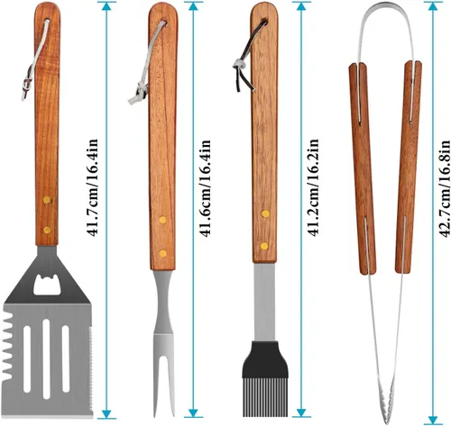 Miniatura 3 de IMAGE Accesorios de barbacoa de madera, herramientas de barbacoa de acero inoxidable, juego de utensilios de parrilla para parrilla al aire libre