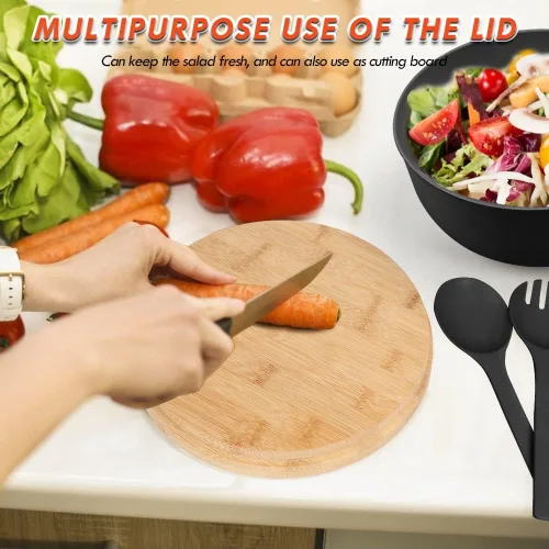 Miniatura 2 de ShineMe Juego de Ensaladera Negra, Ensaladera Grande de Fibra de Bambú de 9.8 pulgadas con Tapa y Utensilios (Cuchara y Tenedor), Tazón Sólido