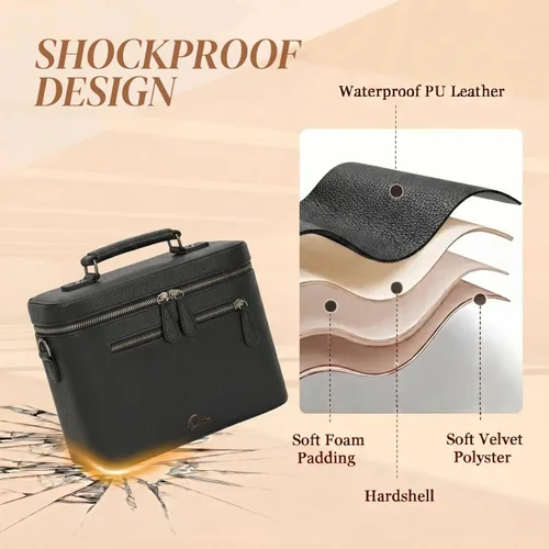 Miniatura 6 de Bolsa de hombro para cámara tipo bandolera, impermeable, de piel sintética, para fotógrafos, pequeña, compatible con Canon Nikon Sony (Negro)