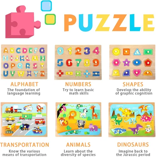 Miniatura 2 de WOOD CITY Juego de rompecabezas y estante para niños pequeños, paquete de rompecabezas de madera con soporte de almacenamiento, rompecabezas