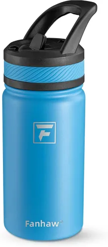 Miniatura 22 de Fanhaw Botella de agua aislada para niños de 14 onzas con tapa de pajita – Acero inoxidable de doble pared al vacío, a prueba de fugas, botellas