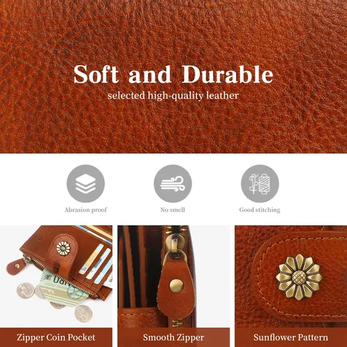 Miniatura 6 de Cartera de cuero con doble pliegue para mujer, bloqueo RFID, tarjetero compacto, cartera pequeña con ventana para identificación extraíble, A1