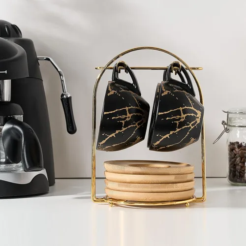 Miniatura 3 de LUKA - Juego de tazas de café de cerámica con platillos y soporte de metal, tazas de capuchino apilables de 8 onzas, taza de té para té, espresso