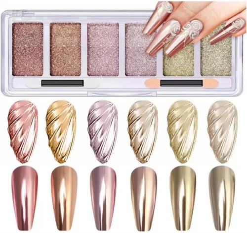 COOSLIM Polvo de uñas cromado dorado y plateado, 6 colores holográficos iridiscentes cromados, efecto espejo metálico, paleta de polvo cromado,