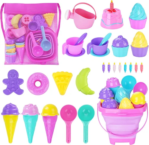 TSDATOWR Juego de juguetes de arena de helado para niños, cubo de arena plegable y palas con bolsa de malla, moldes de arena, regadera, juguetes de
