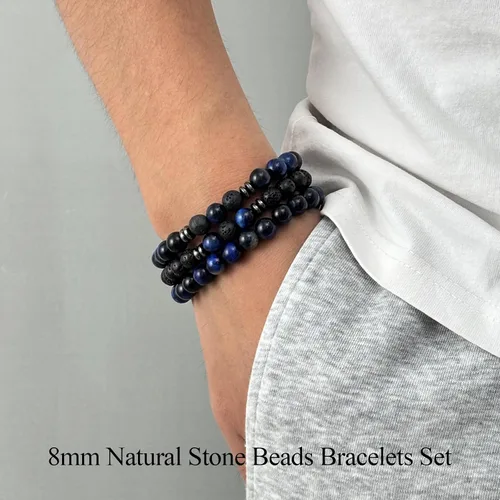 Miniatura 2 de SAMOCO 12 piezas de pulseras de ojo de tigre para hombres, piedra natural, cuentas de 8 mm, juego de pulseras elásticas ajustables de roca de lava