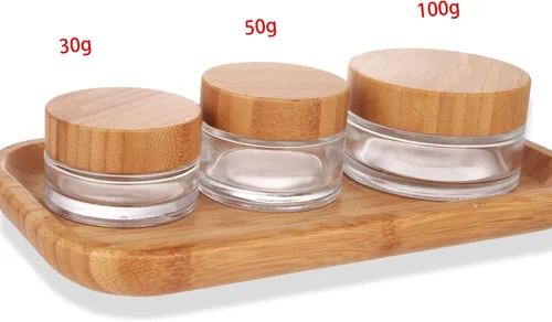 Miniatura 9 de COSIDEA 5 tarros vacíos de vidrio transparente redondos de 1 onza/1.06 oz con tapas de bambú, tarro de crema de bambú, recipientes de viaje