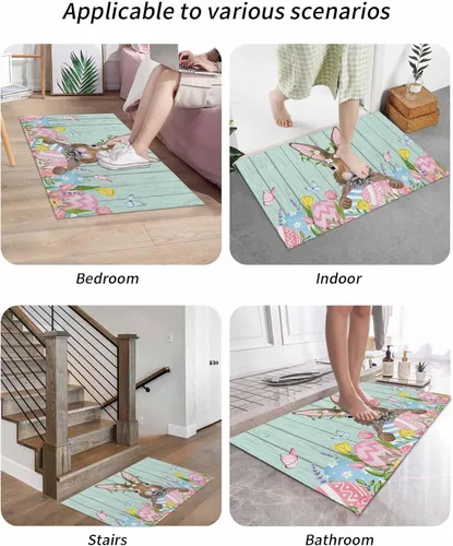 Miniatura 6 de Tapete para puerta delantera, conejo de Pascua, flores de granja de primavera en madera verde azulado, tapete antideslizante y absorbente