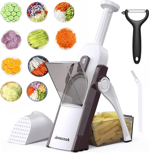 Miniatura 17 de Jonscook Rebanador de mandolina todo en uno seguro para cocina, picador de alimentos con contenedor, cortador de verduras con grosor ajustable