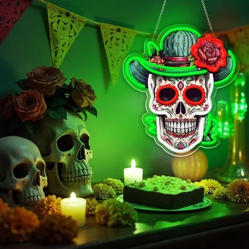 Miniatura 5 de Letrero de neón del Día de los Muertos, luz de neón LED de calavera de azúcar mexicana para decoración del hogar y bar, arte impreso UV con tira LED