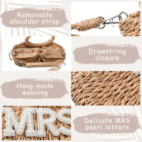 Miniatura 17 de Pinkunn Bolso de paja para novia, bolso tejido a mano, con parches de letras de diamantes de imitación, para despedida de soltera, luna de miel