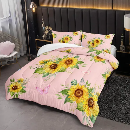 Miniatura 4 de Nttopship Juego de edredón rosa con girasol, tamaño completo para mujeres adultas, juego de ropa de cama floral de mariposa de 3 piezas, edredones