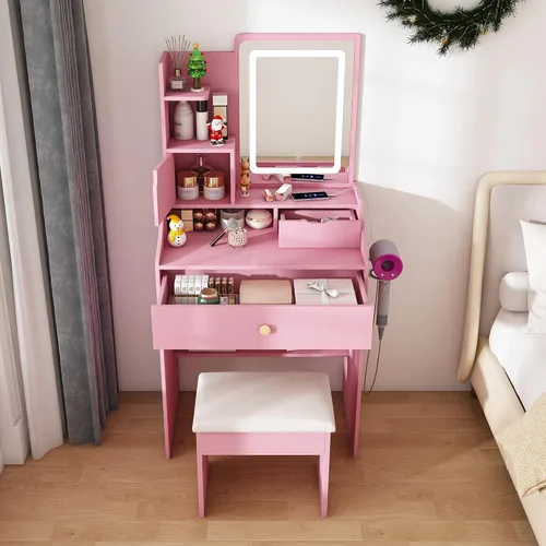Miniatura 8 de Juego de escritorio pequeño con espejo iluminado y taburete, juego de mesa de maquillaje compacto con modelo de luz de 3 colores, mesa de maquillaje
