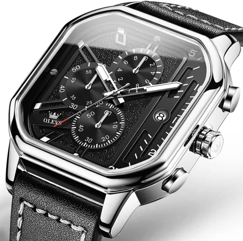 Miniatura 7 de OLEVS Chronograph Watch for Men, Men Leather Watch Big Face, Waterproof Men's Quartz Watch with Date, BlackWhiteGoldBlue Dial