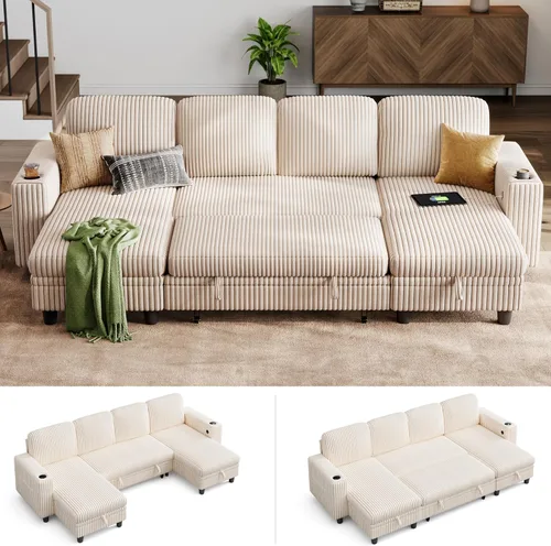 Miniatura 52 de LINSY HOME Sofá cama modular extraíble para sala de estar (beige, sofá cama 1) Sofá cama extraíble, almacenamiento, carga USB, portavasos, pana