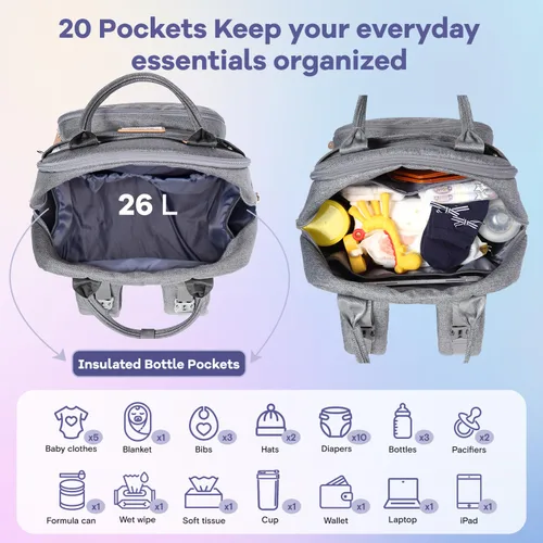 Miniatura 5 de RUVALINO - Mochila de pañales neutrales todo en uno para niños y niñas, mochila de viaje grande multifunción con cambiador portátil, correas