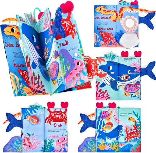 JoyCat Ocean Libros de Bebé Juegos 0-6 Meses, Libros de Tela para Baby Shower Regalos para Recién Nacidos para Niños Niñas Relleno de Medias, Libro