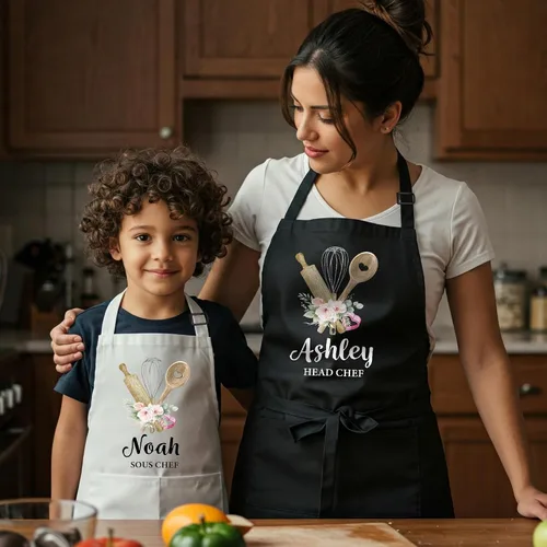 Miniatura 5 de Delantal Familiar Personalizado a juego con Nombres para Navidad, Regalo para Abuela, Delantales "Mamá y Yo" con Bolsillos, Delantales de Cocina
