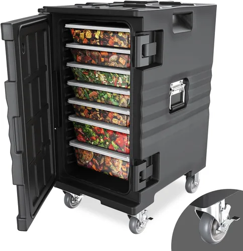 Miniatura 9 de ROVSUN Caja Calentadora de Alimentos, Porta Comida Aislada con Ruedas Bloqueables Dobles Hebilla y Asas, Cajas Calientes Apilables para Restaurante