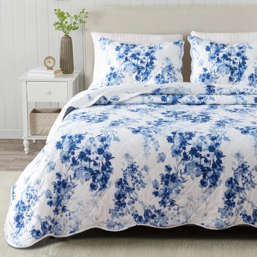 Great Bay Home - Juego de colcha floral tamaño Full/Queen con fundas, juego de ropa de cama azul floral, para todas las estaciones, colcha ligera 06